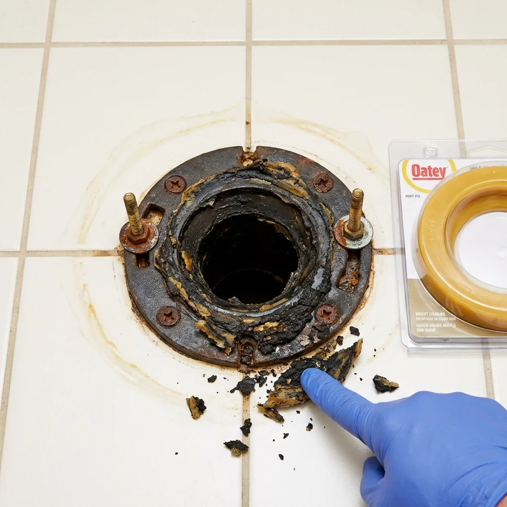 Failed wax ring showing water seepage at the base of a toilet in a Kingston, MA home