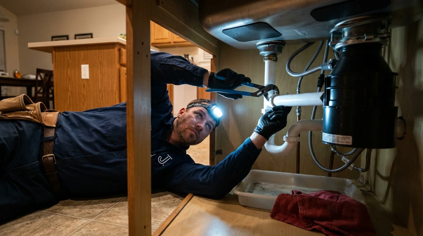 P-trap and supply line connections under a kitchen sink showing a common leak point in Kingston, MA